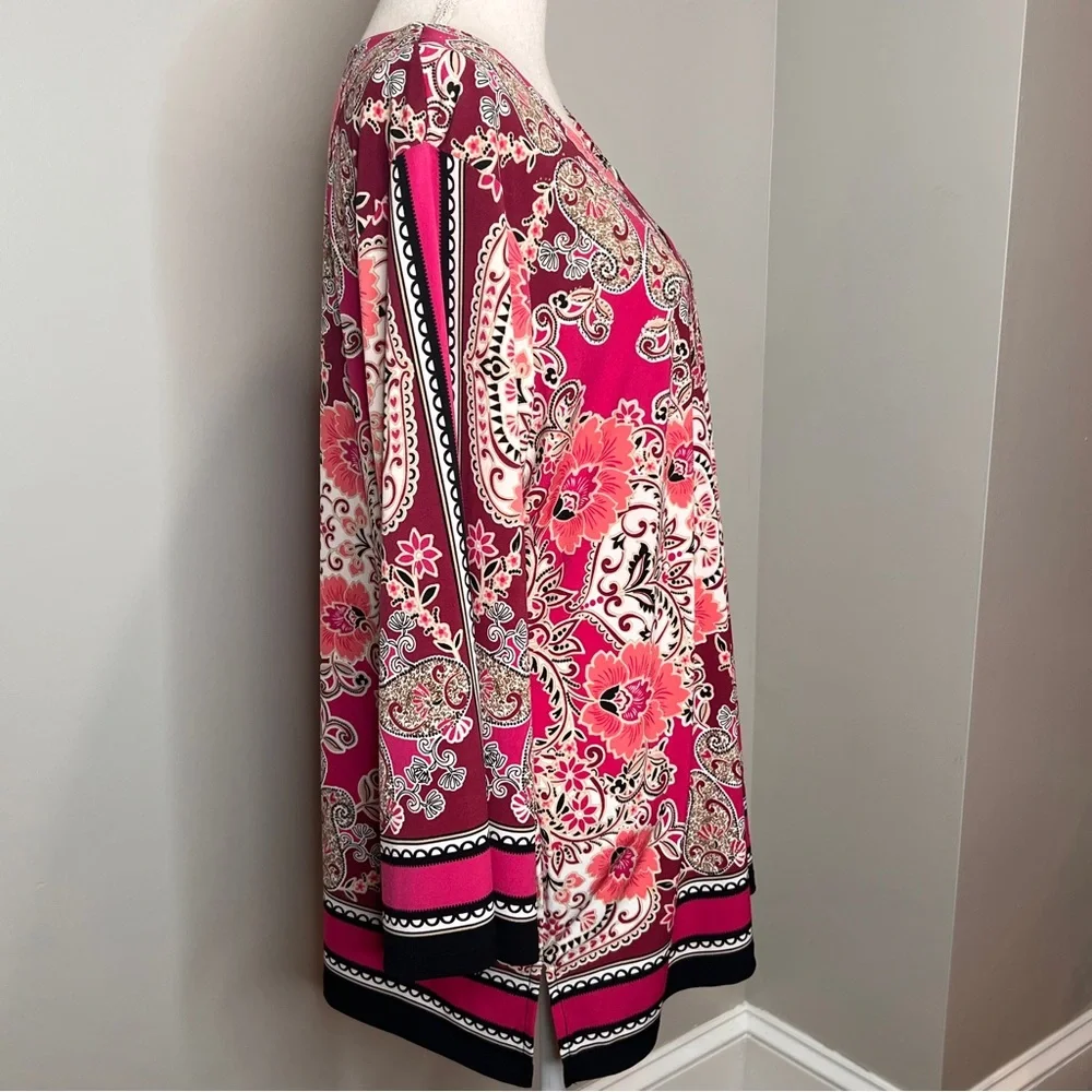 JM Collection Woman Pink Burgundy Sequin Paisley Floral Print Tunic Top Size 1X - Picture 4 of 11